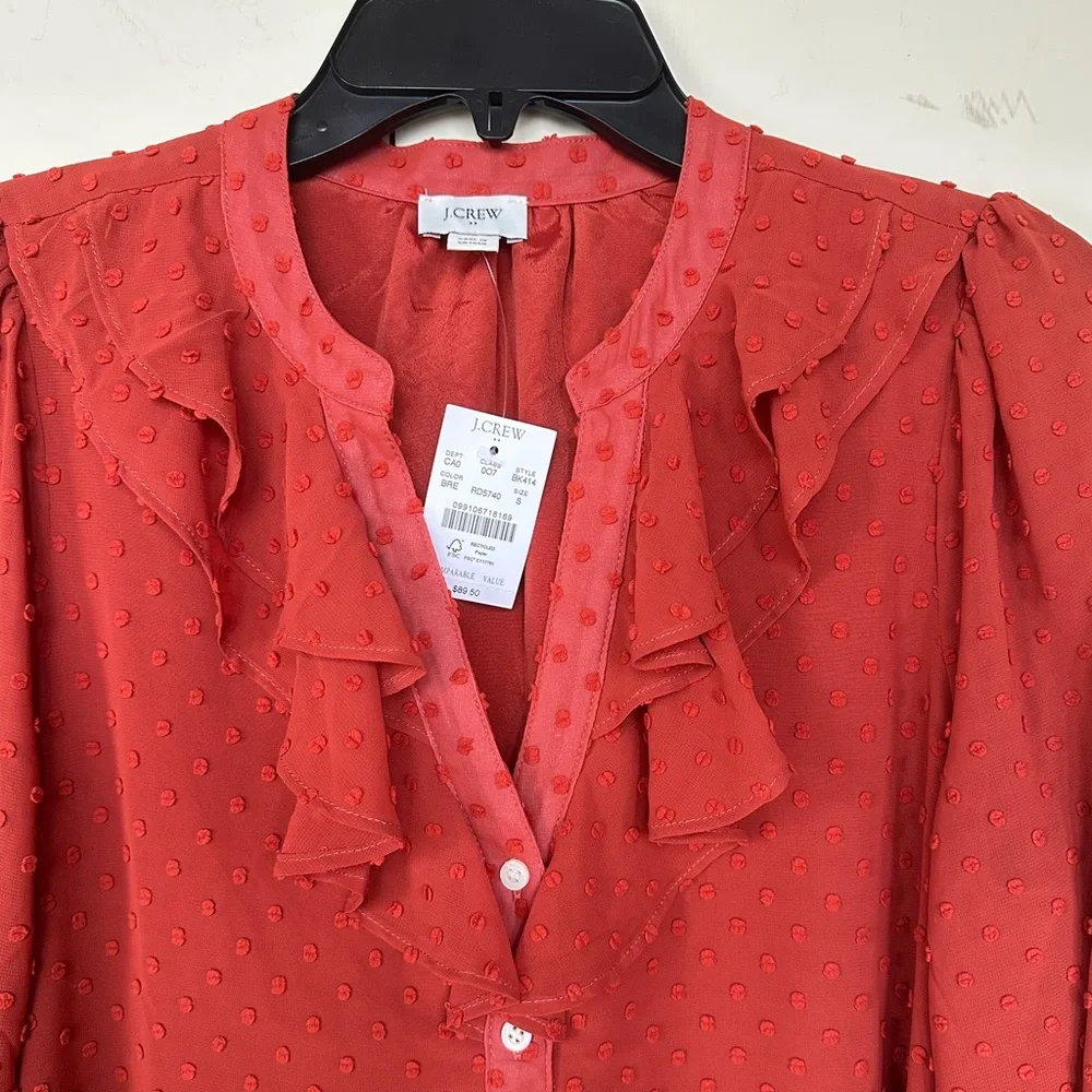 Burnt Orange Polka Dot J. Crew Long Sleeve Blouse Size S NWT - Picture 2 of 10